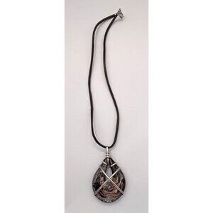 Black, Silver & Gold Art Glass Teardrop Pendant Necklace With Cord Dichroic